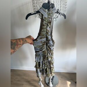 Ruched Olive Floral Tiered Summer Dress